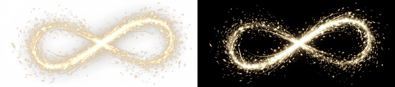Golden infinity symbol with glowing light particles, magical dust trail and sparkle effect on white background, abstract digital art for luxury branding, wedding design and motion graphics