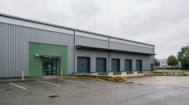Industrial Warehouse Building Exterior with Loading Bay Doors and Parking Lot