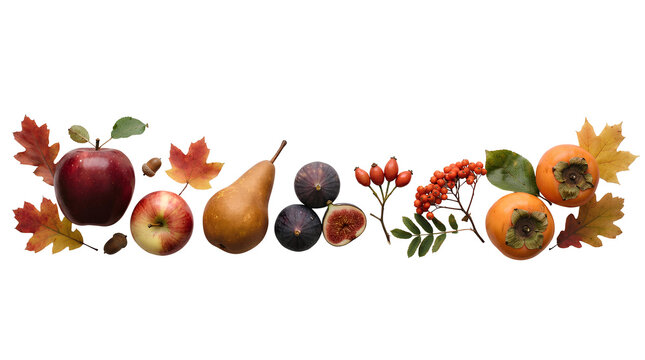 Horizontal Autumn Harvest Fruit Border with Apples Figs Persimmons Rowan Berries and Leaves Isolated