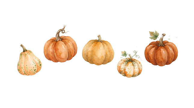 Watercolor Autumn Pumpkins Collection Set of Five Variety Gourds and Squash Isolated