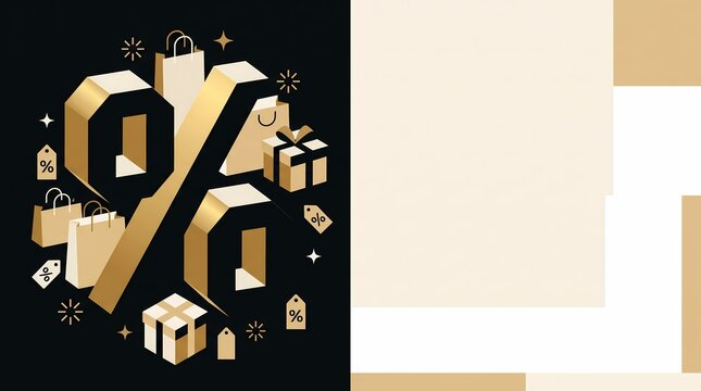 Elegant 3D Gold Percentage Symbol with Shopping Bags and Gifts for Luxury Sale Promotion
