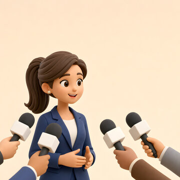 Professional 3D cartoon businesswoman confidently addresses the media during a dynamic press conference, sharing important information and engaging with reporters with poise