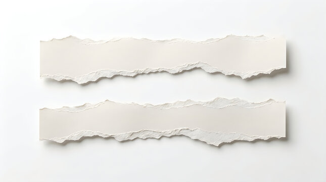Two long strips of torn white paper with rough edges positioned horizontally against a plain surface