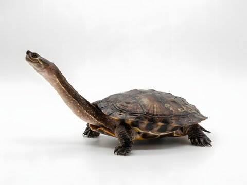 Close-up side view of a snapping turtle walking on white background with detailed shell texture and sharp claws visible
