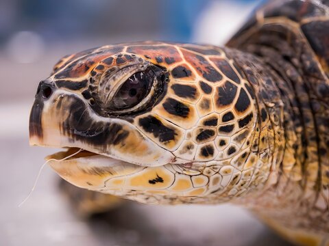 Close-up portrait of a sea turtle with detailed shell pattern swimming in clear water