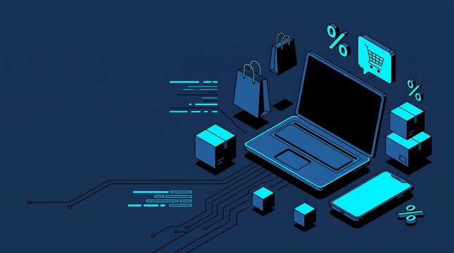 Isometric E-commerce Digital Shopping Experience with Online Retail Technology Elements