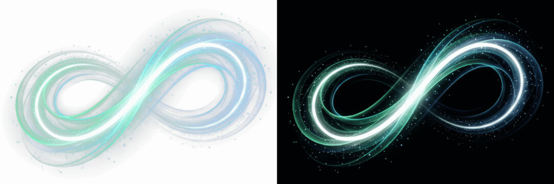 Glowing infinity symbol with swirling light trails and glitter particles, abstract cyan and blue energy loop, digital art element for futuristic branding, tech presentation, and motion graphic design