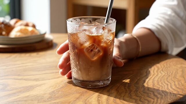 Close up of hand holding iced coffee on wood.