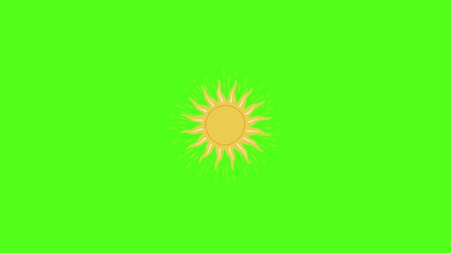 Animated Golden Sun with Sunbeams and Ray Flashes Shining on Vibrant Green Screen Background