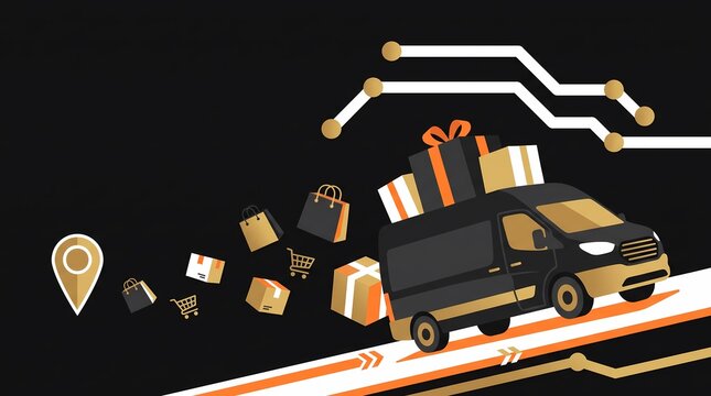 Cyber Monday Online Shopping and Fast Delivery Van Vector Illustration