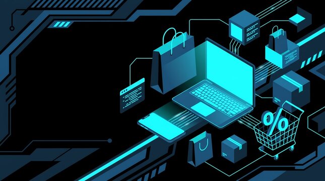 Digital E-commerce Concept Featuring Laptop Shopping Cart and Online Transaction Network Infrastructure