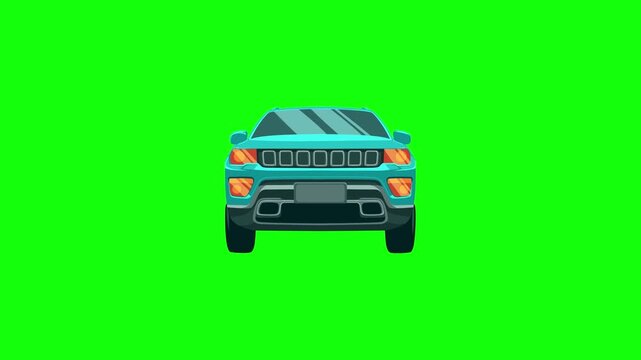 Animated Front View of a Modern Cyan SUV Car Moving Forward on Green Screen Background