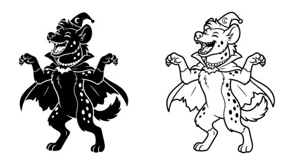 Fototapeta premium Spooky Hyena Character Duo: Two cartoon hyenas dressed as vampires, one in silhouette and the other in outline, strike a playful pose with capes and fangs, perfect for Halloween graphics.