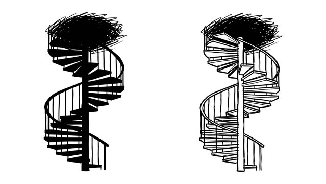 Spiral Staircase: Two contrasting spiral staircases, one a solid black silhouette and the other a detailed sketch, ascend towards an abstract, shadowy canopy.