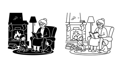 Grandmother Reading to Children: A heartwarming scene of a grandmother sitting by a cozy fireplace, reading a book to two attentive children, creating a moment of warmth and connection.
