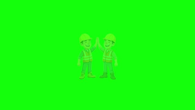 Animated Construction Workers Giving High Five with Safety Helmets and Vests on Green Screen Background