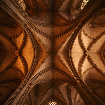 "Gothic cathedral ribbed vault ceiling, symmetrical upward view, warm amber light."