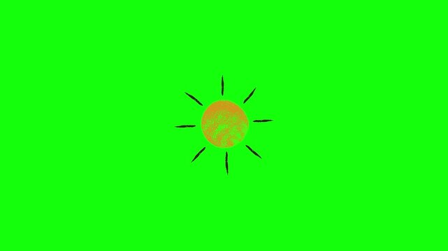Animated Sun with Shimmering Orange Disc and Pulsing Black Rays Isolated on Green Screen Background