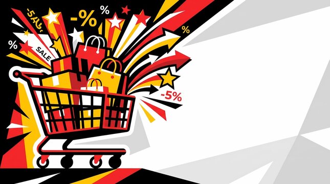 Vibrant Modern Retail Shopping Cart with Discount Symbols and Promotion Bags for Seasonal Sale
