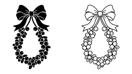 Holiday Wreath Designs: Two elegant holiday wreath designs, one solid black silhouette and one outlined version, featuring a festive bow and berry garland. © Sajid