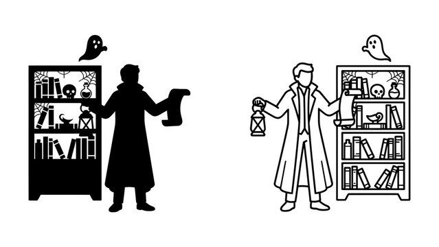 Ghost Hunter and Occult Bookshelf: A mysterious figure, perhaps a ghost hunter, stands illuminated by a lantern beside a bookshelf filled with occult books, skulls, and strange artifacts.
