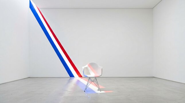 A single plastic chair sits on a gallery floor beneath diagonal painted stripes of vibrant red and blue pigment as the light creates an artistic installation within this spacious public