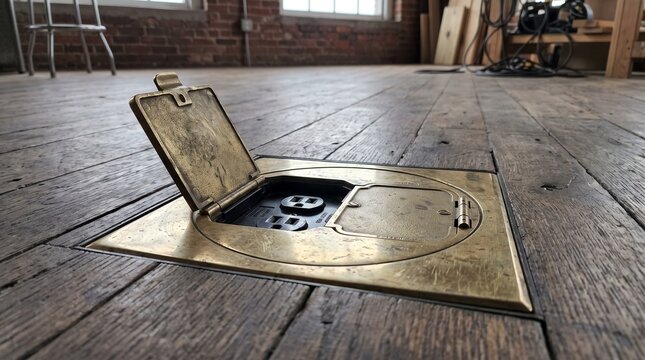  Open brass pop up floor power outlet box installed in wooden floorboard.