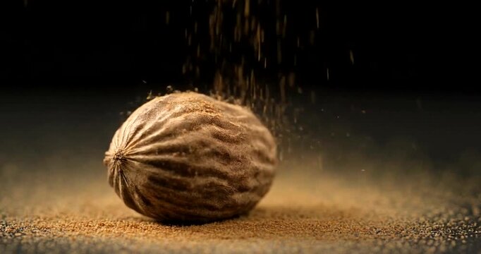 Whole nutmeg spice seed falling onto a dark surface with ground powder.