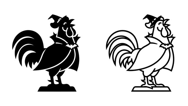 Rooster Icon Silhouette: A stylized rooster wearing a wizard hat and cape, presented in both silhouette and outline formats, ideal for graphic design and branding.