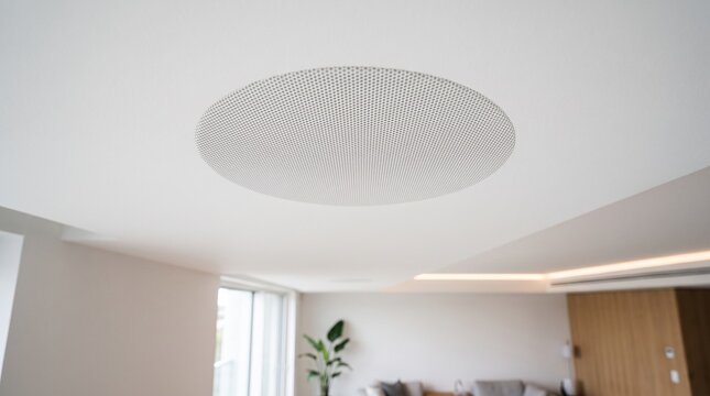 Modern white circular recessed LED ceiling light fixture in clean interior room.