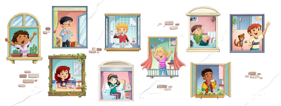 Group of children seen from the windows of their house, children's illustration