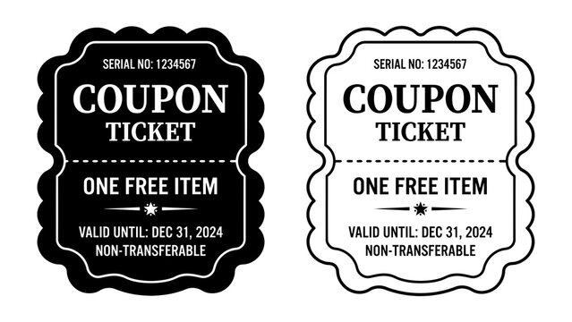 Coupon Ticket Design: Two stylized coupon ticket designs, one in black and white and another with an outline, offering one free item and indicating validity dates.