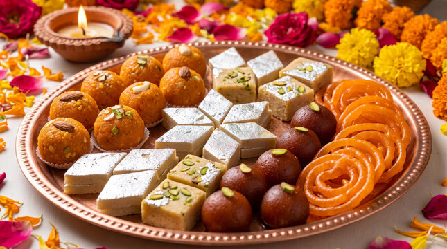 Diverse Indian Diwali Sweet Mithai copper Platter and Diy