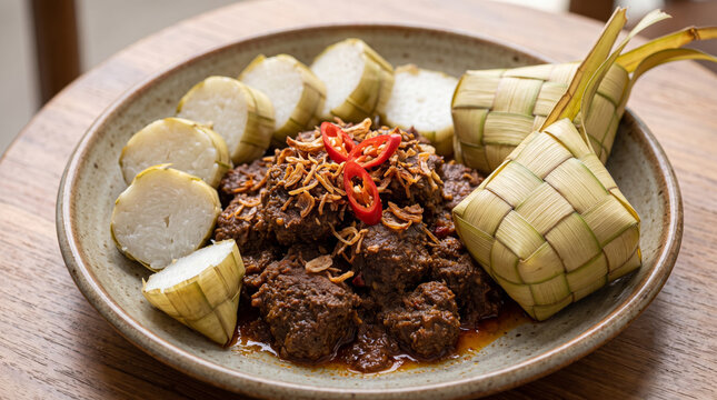 Indonesian Ketupat Rice and Spicy Beef Rendang