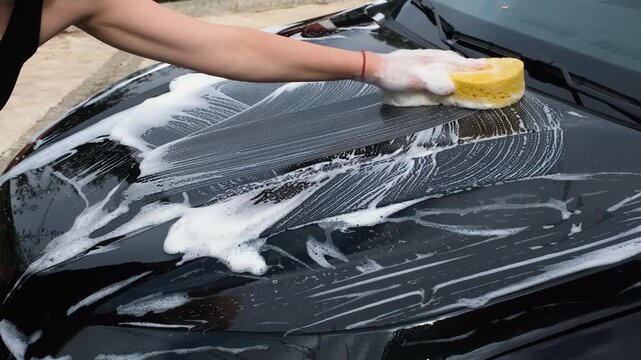 Close-up of a hand washing a black car with a soapy sponge, creating rich foam during vehicle cleaning, showcasing automotive care, maintenance, and detailing