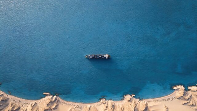 Aerial view of cargo ship sailing near sandy coastline