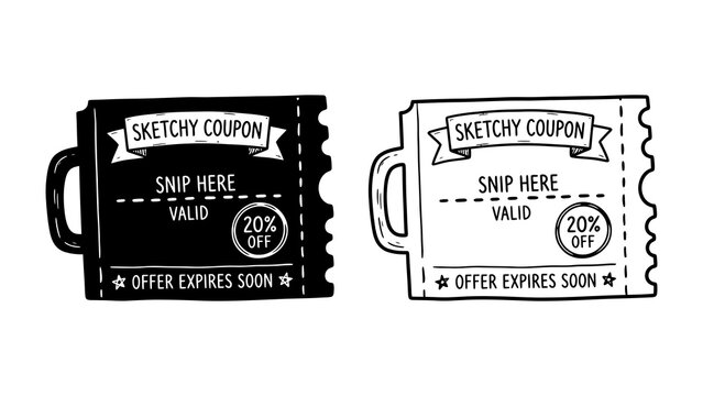 Sketchy Coupon Offer: Two hand-drawn coupon designs, one in black and white, offer a discount with a SNIP HERE instruction, promising savings for eager shoppers.