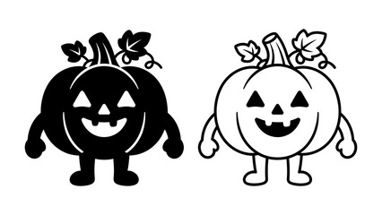 Fototapeta premium Halloween Pumpkin Icons: A pair of stylized pumpkin icons, one black and white silhouette, the other a black outline with white fill, both featuring carved jack-o'-lantern faces and playful poses.