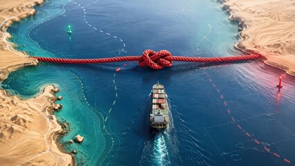 Fototapeta premium Cargo ship blocked by large red rope knot in narrow waterway