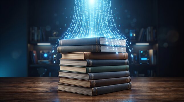 magical books with glowing particles on wooden table