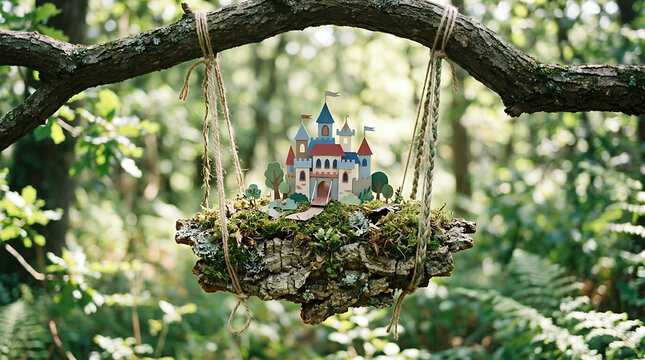 Castle model sits on a mossy floating island suspended by twine within a lush green forest setting.