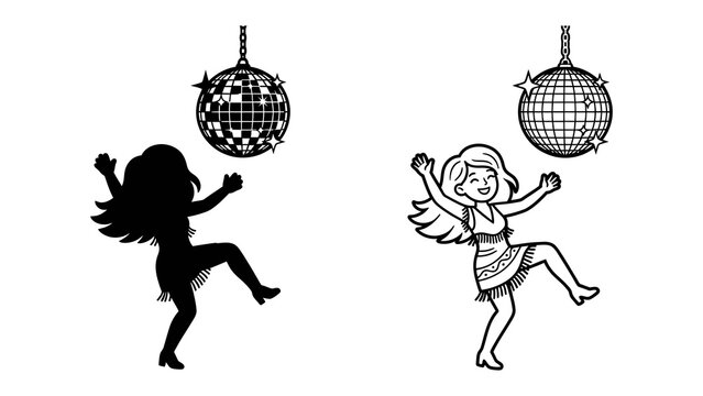 Dancing Silhouettes and a Disco Ball: A spirited woman dances joyfully beneath a glittering disco ball, with her silhouette captured in a dynamic pose, evoking a sense of fun and celebration.