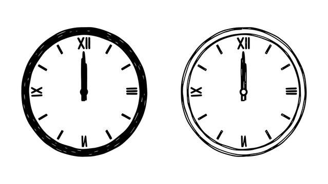 Twin Timepieces: Two analog clocks, one hand-drawn and the other with a clean outline, both display precisely twelve o'clock, symbolizing precision, punctuality, and the passage of time.
