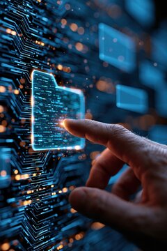 Hand Activating Encrypted Digital Folder Hologram on Futuristic Interface