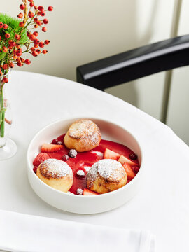 Cottage cheese pancakes  with berry sauce and fresh fruit, dessert menu, fine dining experience