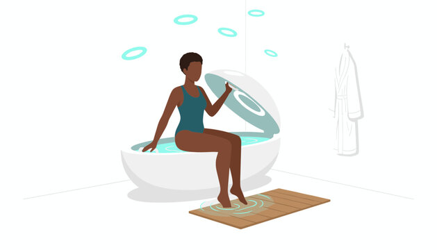 Woman sitting on edge of open sensory deprivation float pod in modern wellness spa room