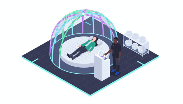 Isometric sound therapy chamber with LED illuminated dome and practitioner operating control console
