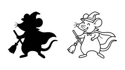 Fototapeta premium Mischievous Mouse in Halloween Costume: A cute cartoon mouse dressed as a witch, complete with a pointed hat and cape, holds a broomstick. Beside it is its silhouette.