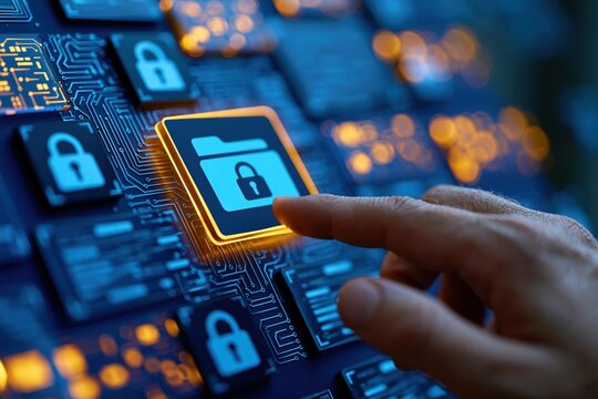 Hand selecting secure folder icon on futuristic digital privacy interface