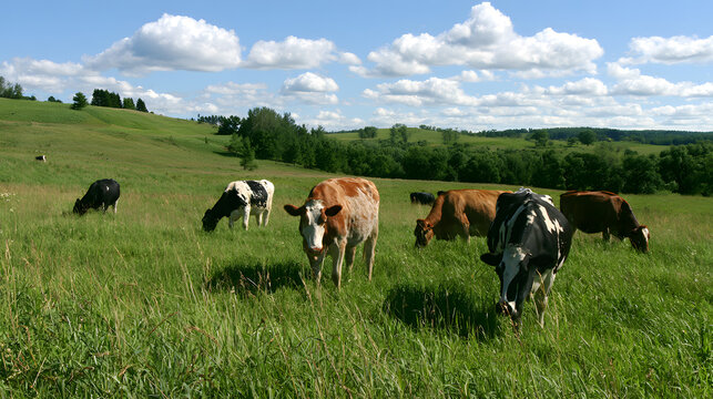 Cows in the meadow are munching on grass